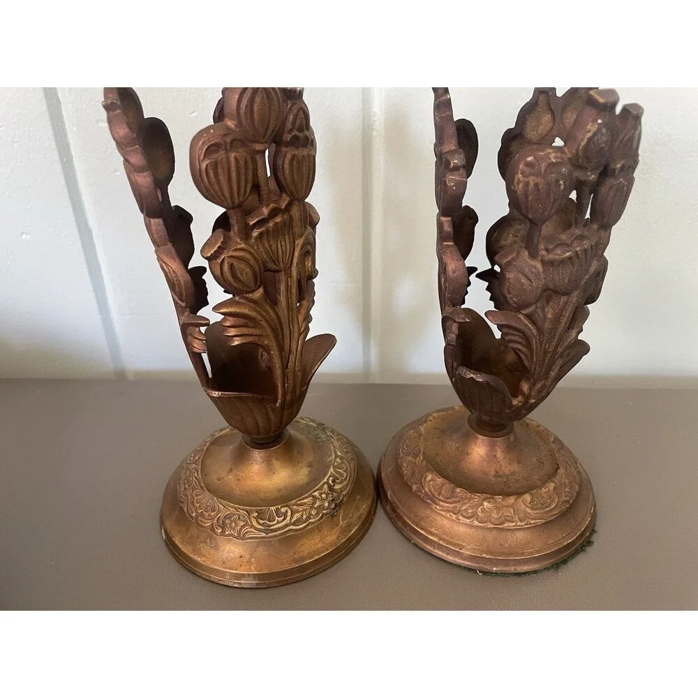 Vtg Art Nouveau Bronz Candlestick Holders Floral Motif Pair Taper Candle 7